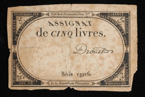 Assignaat of cinq livres, with decorative border in which text, assignate paper money money swap paper, printed White note