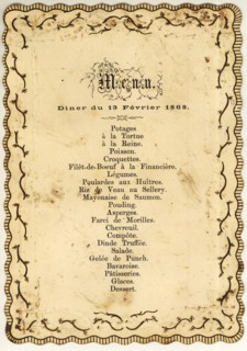 Menu card with scalloped edge, decorated with gold-colored ornaments and with printed French text, menu card information form