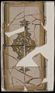 Tile panel, two times four tiles, blue and ocher yellow on white, central an ornament and frame of ocher and blue borders, tile