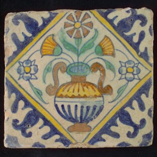 Tile, orange, brown, green and blue on white, flowerpot in square, corner pattern palm, wall tile tile sculpture ceramic
