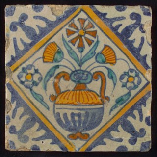 Tile, orange, brown, green and blue on white, flowerpot in square, corner pattern palm, wall tile tile sculpture ceramic