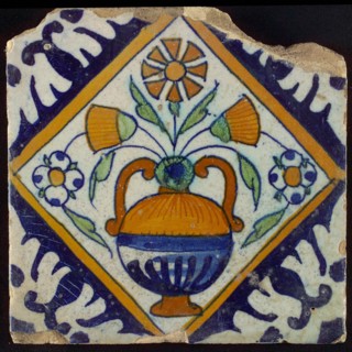 Tile, orange, brown, green and blue on white, flowerpot in square, corner pattern palm, wall tile tile sculpture ceramic