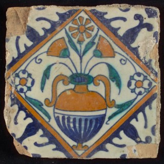 Tile, orange, brown, green and blue on white, flowerpot in square, corner pattern palm, wall tile tile sculpture ceramic