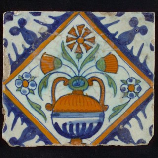 Tile, orange, brown, green and blue on white, flowerpot in square, corner pattern palm, wall tile tile sculpture ceramic