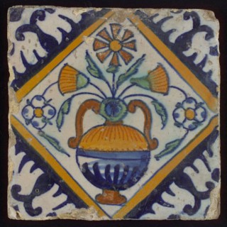 Tile, orange, brown, green, and blue on white, flowerpot in square, corner pattern palm, wall tile tile sculpture ceramic