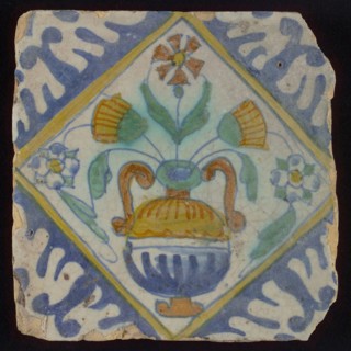 Tile, orange, brown, green, and blue on white, flowerpot in square, corner pattern palm, wall tile tile sculpture ceramic