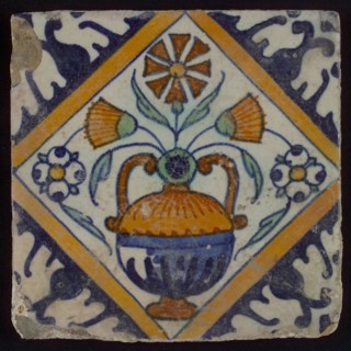 Tile, orange, brown, green, and blue on white, flowerpot in square, corner pattern palm, wall tile tile image ceramics