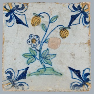 Tile, flower on ground in yellow, green and blue on white, corner pattern french lily, corner point yellow, wall tile