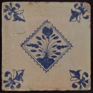 Tile, flowerpot in blue on white, inside small serrated square, corner pattern french lily, wall tile tile sculpture ceramic