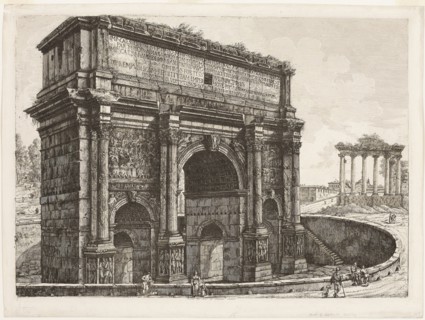 The Arch of Septimus Severus, 1820, Luigi Rossini, Italian, 1790-1857, Italy, Etching on off-white