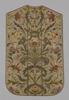 Chasuble (Back), 1701/25, Italy, Silk, plain weave, embroidered with silk, gilt-metal strip, and