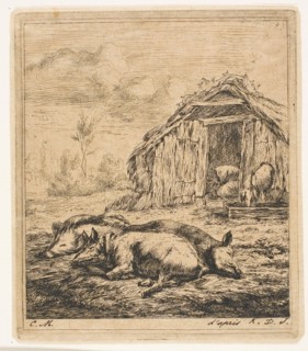 Three Pigs Lying in Front of a Shed, 1850, Charles Meryon (French, 1821-1868), after Karel Dujardin