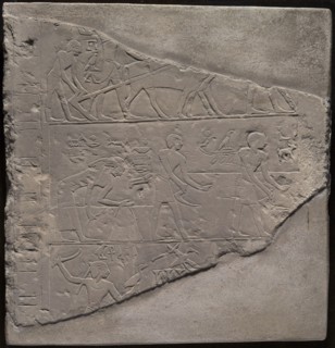 Fragment of a Stela Depicting Plowing, Harvesting, and Fowling, First Intermediate Period, Dynasty
