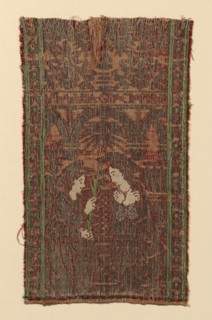 Fragment from an Orphrey, 15th century, Italy, Silk, linen, and gold gilt strip intergrated