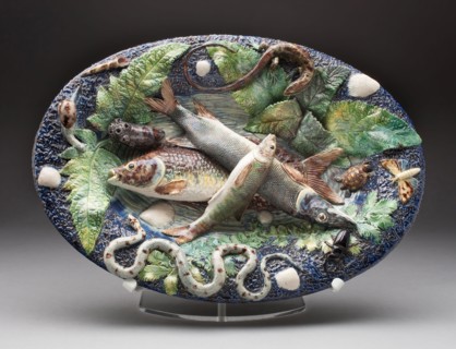 Oval Dish, Mid 19th century, France, Paris, In style of Bernard Palissy, Paris, Tin-glazed
