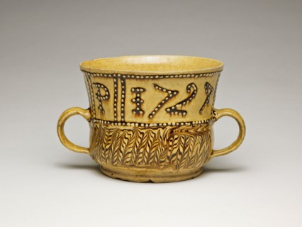 Cup, 1724, Staffordshire, England, Staffordshire, Earthenware with slipware decoration, 21.8 × 12.9