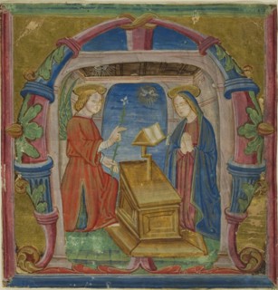The Annunciation in a Historiated Initial M from an Antiphonary, 15th century, Italian (Lombardy),