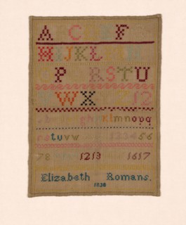 Sampler, 1838, Elizabeth (née Romans) Clarke (Canadian, 1830(?)-1899), Canada, possibly Ontario,