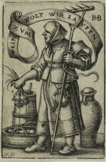 The Market Woman, c. 1542, Sebald Beham, German, 1500-1550, Germany, Engraving in black on ivory