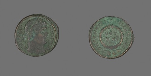 Coin Portraying Emperor Constantine I, AD 321, Roman, minted in Rome, Roman Empire, Bronze, Diam. 1