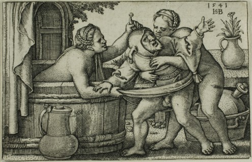 Buffoon and Two Bathing Women, 1541, Sebald Beham, German, 1500-1550, Germany, Engraving in black