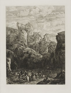 The Ford: Landscape with Horsemen, 1865, Odilon Redon, French, 1840-1916, France, Etching on ivory