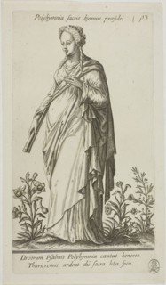 Polyhymnia, Muse of Hymns, plate 13 from Parnassus Biceps, 1601, Johann Theodor de Bry (German,