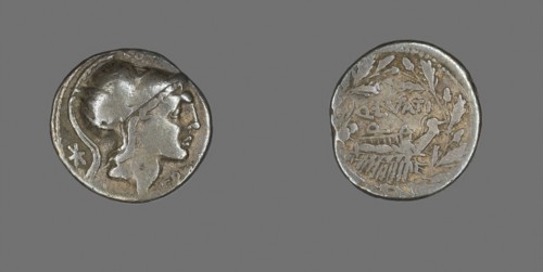 Denarius (Coin) Depicting the Goddess Roma, 109/108 BC, Roman, minted in Rome, Italy, Silver, Diam.