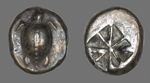 Stater (Coin) Depicting a Sea Turtle, 510/485 BC, Greek, Aegina, Silver, Diam. 2 cm, 12.06 g