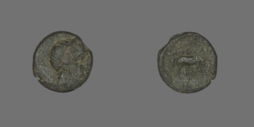 Coin Depicting the God Apollo, about 300 BC, Greek, Ancient Greece, Bronze, Diam. 1.5 cm, 3.68 g