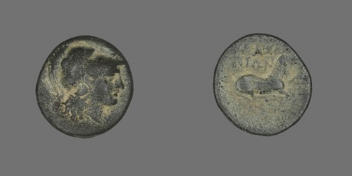 Coin Depicting the Goddess Athena, 387/301 BC, Greek, Ancient Greece, Bronze, Diam. 1.9 cm, 3.47 g
