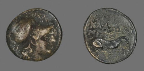 Coin Depicting the Goddess Athena, 387/301 BC, Greek, Ancient Greece, Bronze, Diam. 1.7 cm, 3.54 g