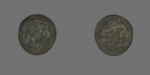 Coin Depicting the Goddess Athena, 387/301 BC, Greek, Ancient Greece, Bronze, Diam. 1.7 cm, 3.94 g