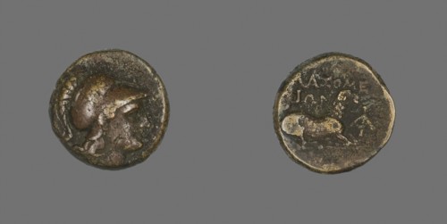Coin Depicting the Goddess Athena, 387/301 BC, Greek, Ancient Greece, Bronze, Diam. 1.7 cm, 5.78 g