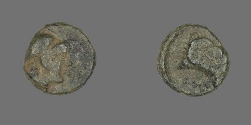 Coin Depicting the Goddess Athena, before 387 BC, Greek, Ancient Greece, Bronze, Diam. 1.1 cm, 1.71