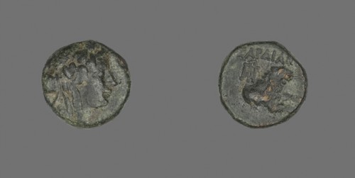 Coin Depicting the God Dionysos, about 133 BC, Greek, Ancient Greece, Bronze, Diam. 1.6 cm, 4.39 g