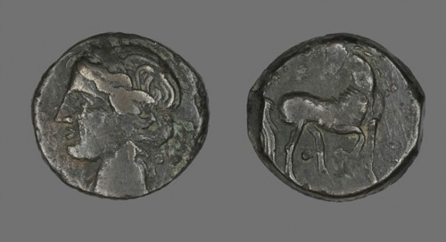 Coin Depicting the Goddess Persephone (?), about 241/146 BC, Greek, Ancient Greece, Bronze, Diam. 2