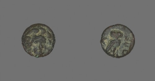Coin Depicting the Goddess Athena, 4th century BC, Greek, Ancient Greece, Bronze, Diam. 1.2 cm, 1
