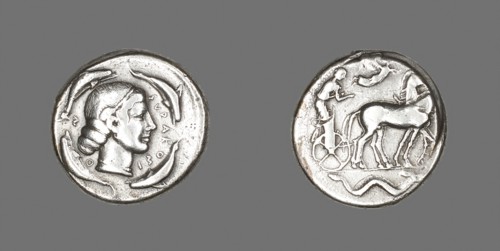 Tetradrachm (Coin) Depicting Arethusa, 474/450 BC, Greek, minted in Syracuse, Sicily, Ancient