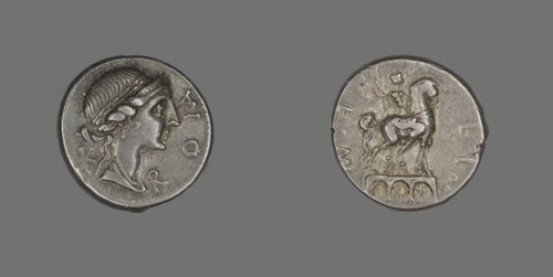 Denarius (Coin) Depicting the Goddess Roma, 114/113 BC, Roman, Roman Empire, Silver, Diam. 1.8 cm,