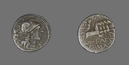 Denarius (Coin) Depicting the Goddess Roma, about 136 BC, Roman, Roman Empire, SIlver, Diam. 2 cm,
