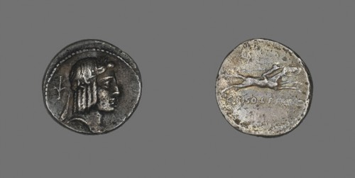 Denarius (Coin) Depicting the God Apollo, about 67 BC, Roman, Roman Empire, Silver, Diam. 1.8 cm, 3