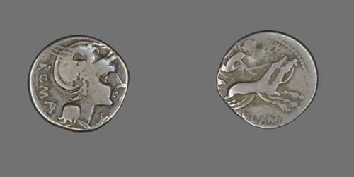 Denarius (Coin) Depicting the Goddess Roma, 109/108 BC, Roman, Roman Empire, Silver, Diam. 1.8 cm,