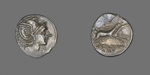 Denarius (Coin) Depicting the Goddess Roma, 109/108 BC, Roman, Roman Empire, Silver, Diam. 1.9 cm,