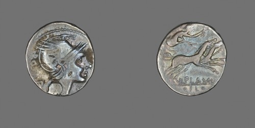 Denarius (Coin) Depicting the Goddess Roma, 109/108 BC, Roman, Roman Empire, Silver, Diam. 1.9 cm,