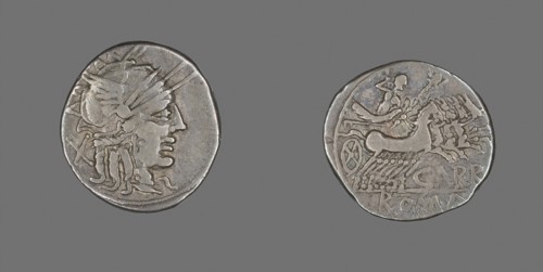 Denarius (Coin) Depicting the Goddess Roma, 121 BC, Roman, Roman Empire, Silver, Diam. 2.1 cm, 3.80