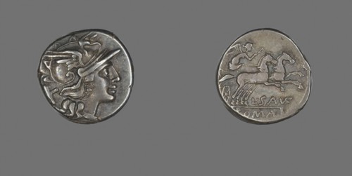 Denarius (Coin) Depicting the Goddess Roma, 200 or 152 BC, Roman, Roman Empire, Silver, Diam. 1.8