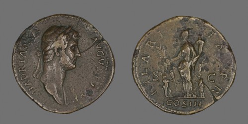 Sestertius (Coin) Portraying Emperor Hadrian, AD 128/132, Roman, minted in Rome, Roman Empire,