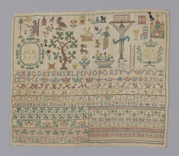 Sampler, 1803, Germany, Linen, plain weave, embroidered with silk, 36.2 x 31.1 cm (14 1/4 x 12 1/4