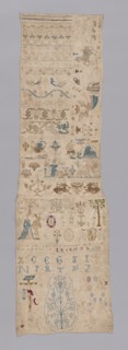 Sampler, 1719, Germany, Linen, plain weave, embroidered with linen and silk, 127 x 38 cm (50 x 15